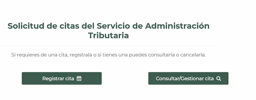 Pantalla de solicitud de citas de la web oficial del SAT.